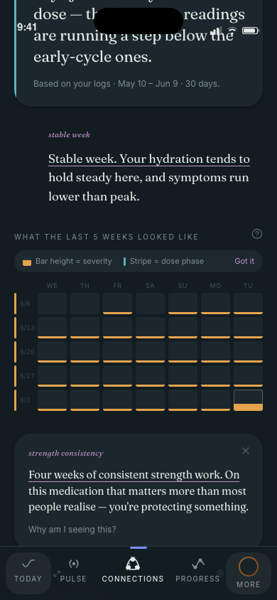 Connections screen — energy and dose-cycle pattern card expanded