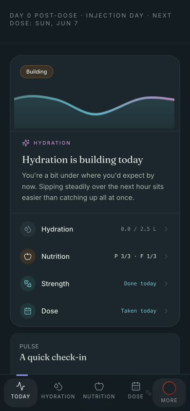 inRhythm Today screen — Pulse, hydration, protein and dose phase at a glance